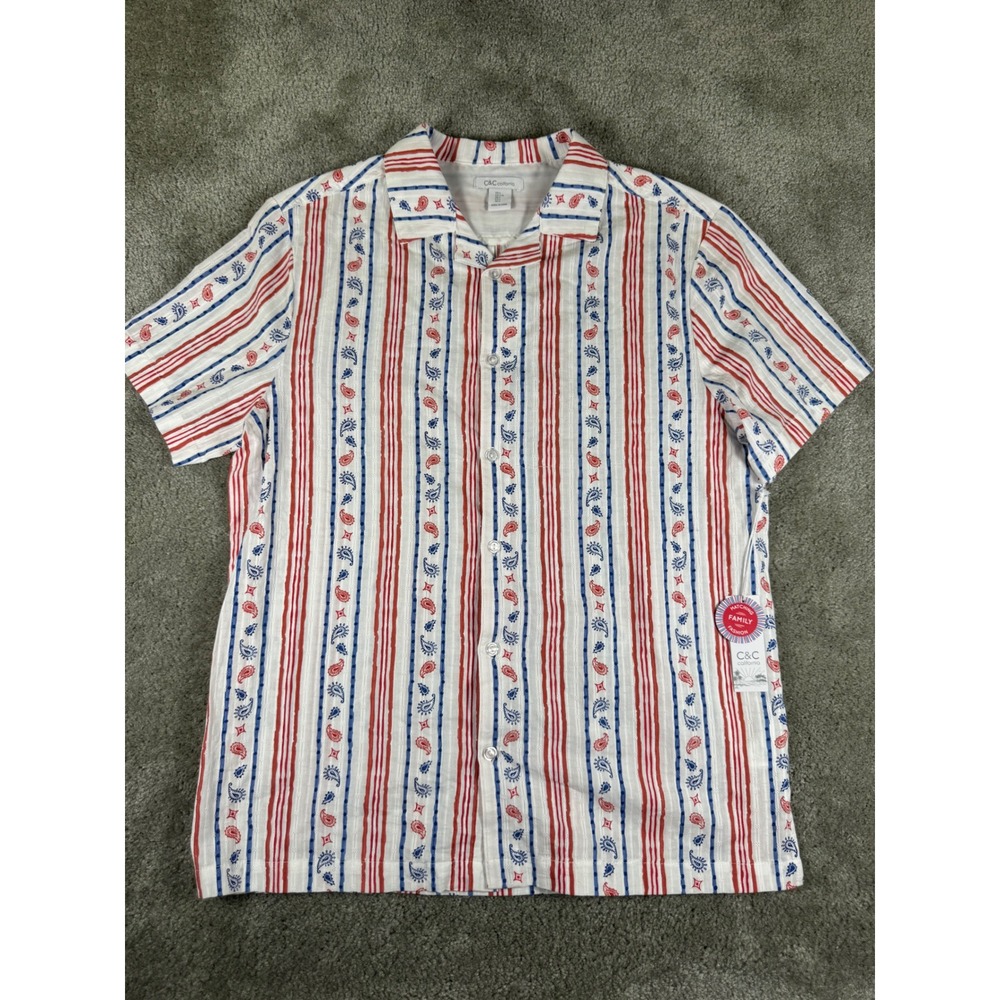 C&C California Mens Large Red Blue Paisley Stripe Cotton Eyelet Camp Shirt NEW